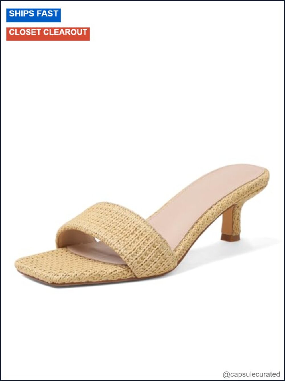 Kitten Heel Sandals Raffia Low Heels Square Open Toe Slip On Summer Casual Shoes